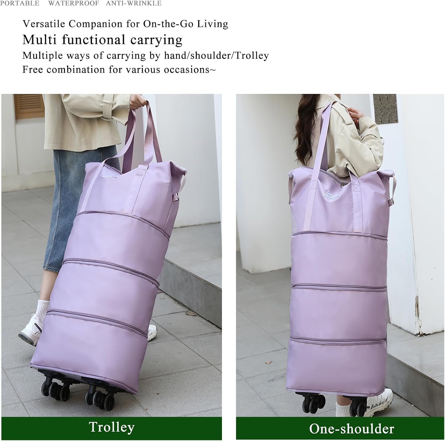 4-in-1 Expandable Rolling Duffel Bag with Detachable Wheels, 28L-80L Collapsible Luggage with Bonus Spare Wheel, Foldable Travel Trolley for Carry-On, Weekend, Shopping & Moving (Light Purple) image 2