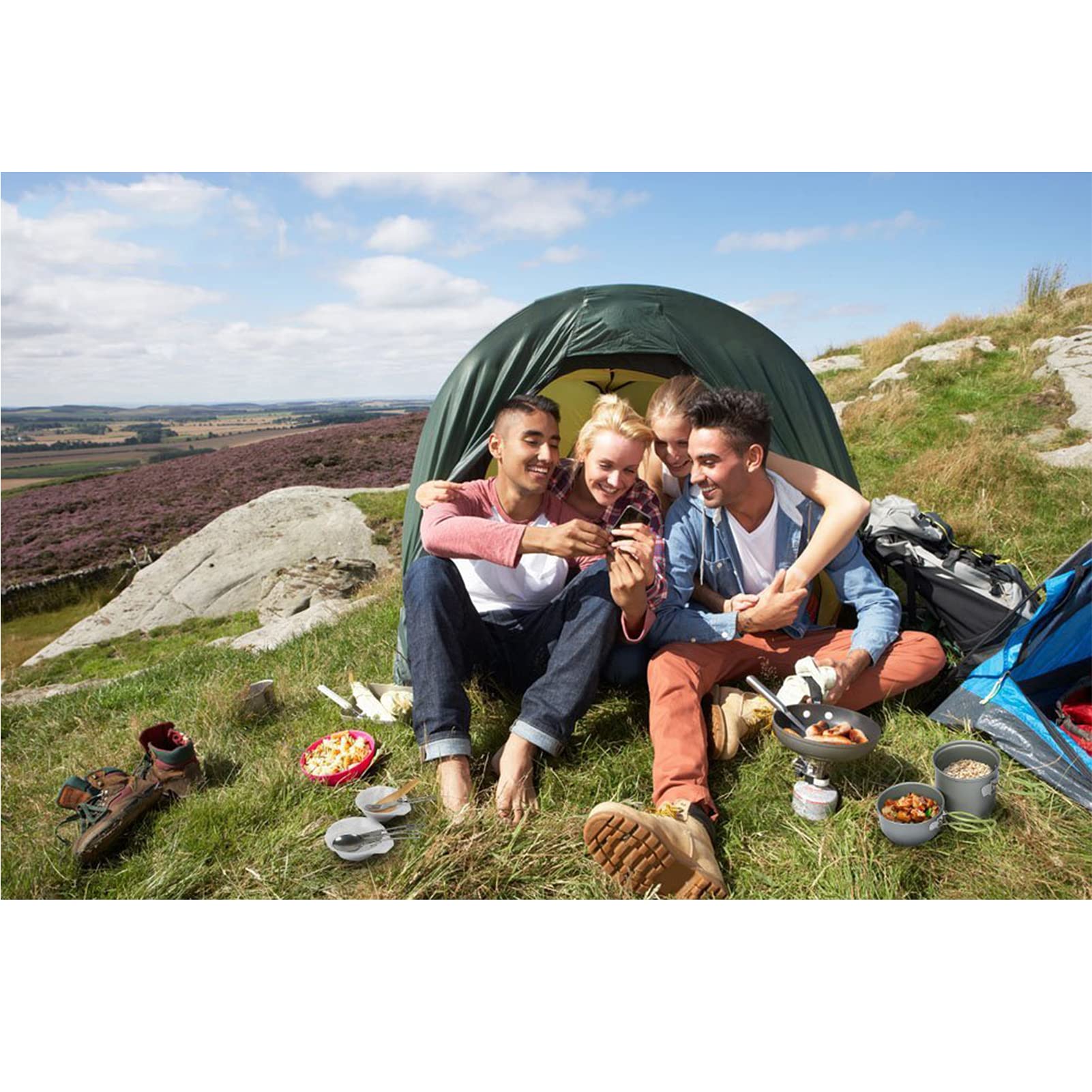 Camping Kochgeschirr Pan Kessel Wandern im Freien Kochen Picknick Schüssel Besteck Löffel Ofen Set 1-2 Personen Tragbarer Nichtstocktopf mit Mesh Kit Tasche A1-One Size