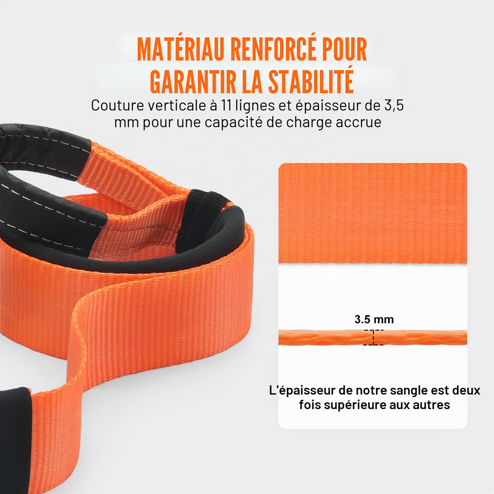 VEVOR Sangle de remorquage robuste, 76,2 mm x 6.1 m, corde de treuil pour sauve-arbre, 16329 kg, boucle triple renforcée, manchons de protection, sac de rangement, manilles à anneau D, camion Jeep SUV
