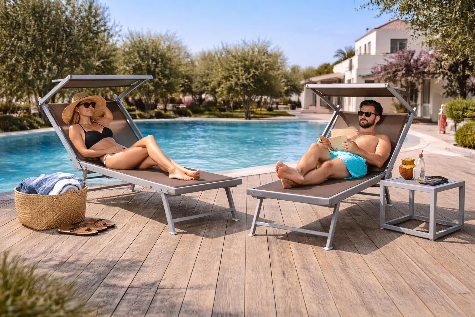 Bricozone Lettino Pieghevole Prendisole in Alluminio e Tessuto Textilene Professionale con Tettuccio Parasole Orientabile 182 x 60 x 38 cm Sdraio per Mare Spiaggia Piscina Giardino Tortora