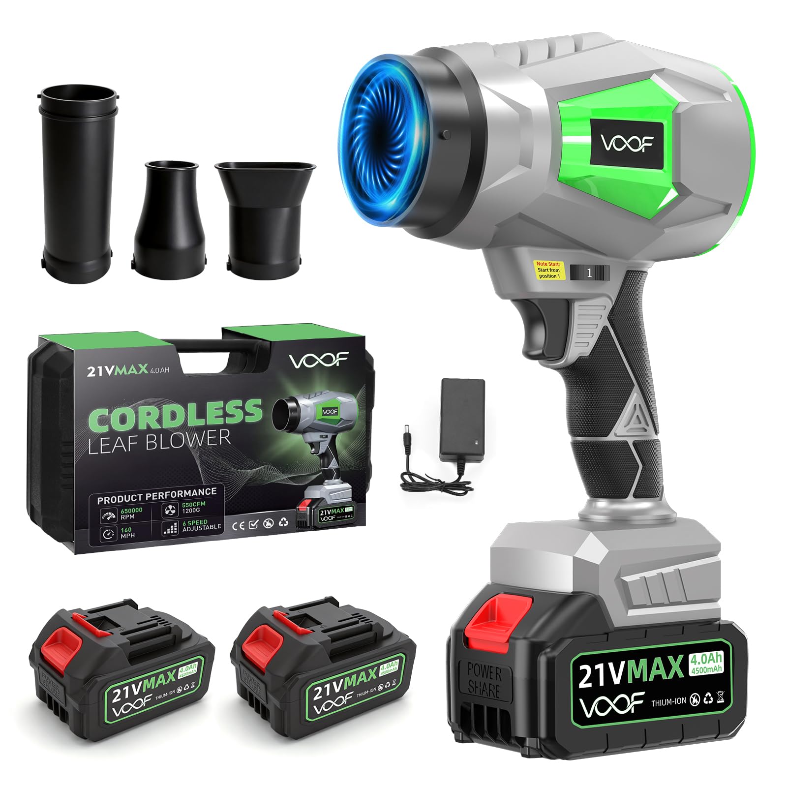 Cordless Leaf Blower with 2×21V 4.0Ah Batteries & Toolbox