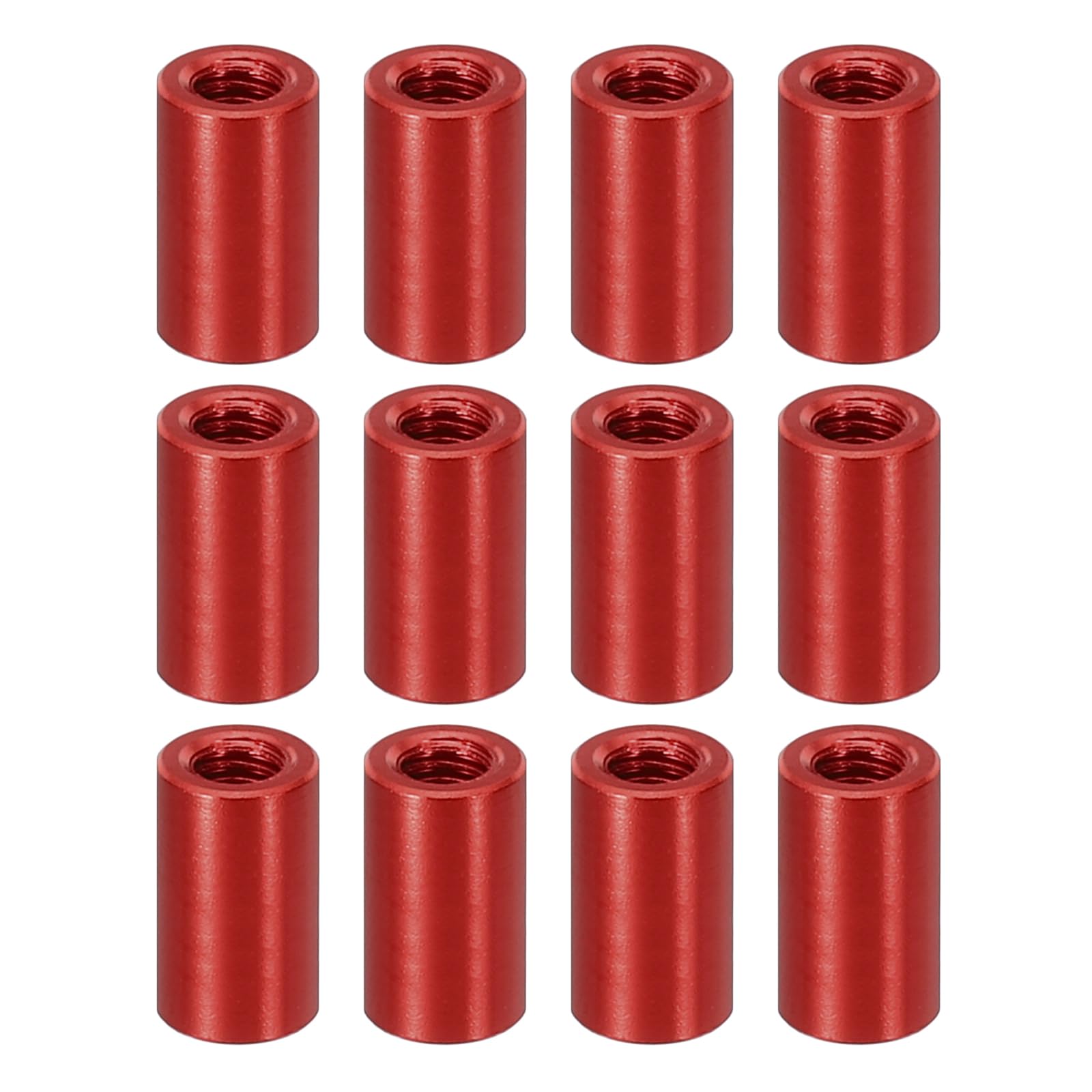 PATIKIL 12pcs M3 Metal Threaded Standoff Spacer Nuts, Round Aluminum Spacers Female Coupling Screws, 1/8" ID x 3/16" OD, Red, (10mm L)