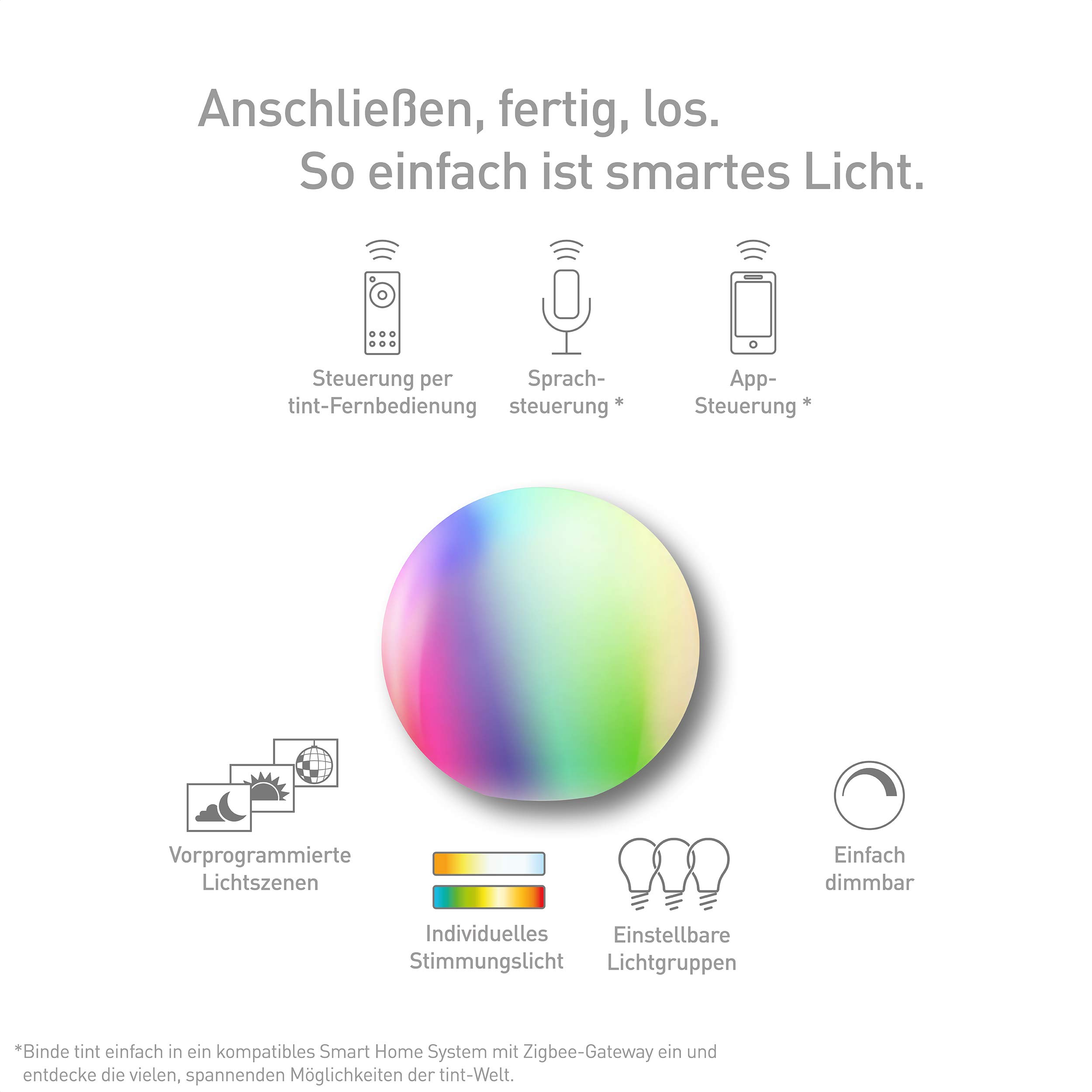 tint Smarte Outdoor LED-Leuchtkugel CALLUNA Weiß – Steuerbar per Alexa oder Fernbedienung – Mit weißem (1800-6500 K) und farbigem Licht RGB – Spritzwassergeschützt (IP44) – Ø 35 cm