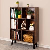 LEYAOYAO 3-Tier Cube Bookshelf Mid-Century Rustic Brown Modern Bookcase with Legs - Freestanding Storage Organizer for Bedroom, Living Room, Office