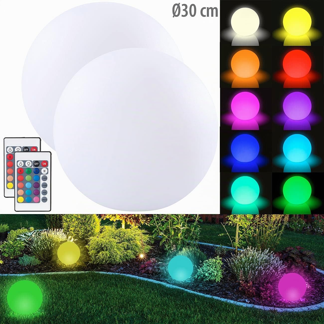 Lunartec LED-Dekokugel: 2er-Set Akku-Leuchtkugeln für innen & außen, Ø 30 cm, IP54, RGBW-LED (Kugelleuchte Tischlampe, Kugelleuchte innen Boden, Farbe)