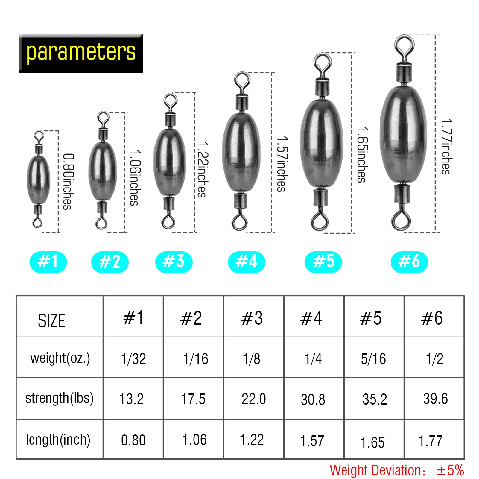  AMYSPORTS Saltwater Fishing Weights Swivel Bullet