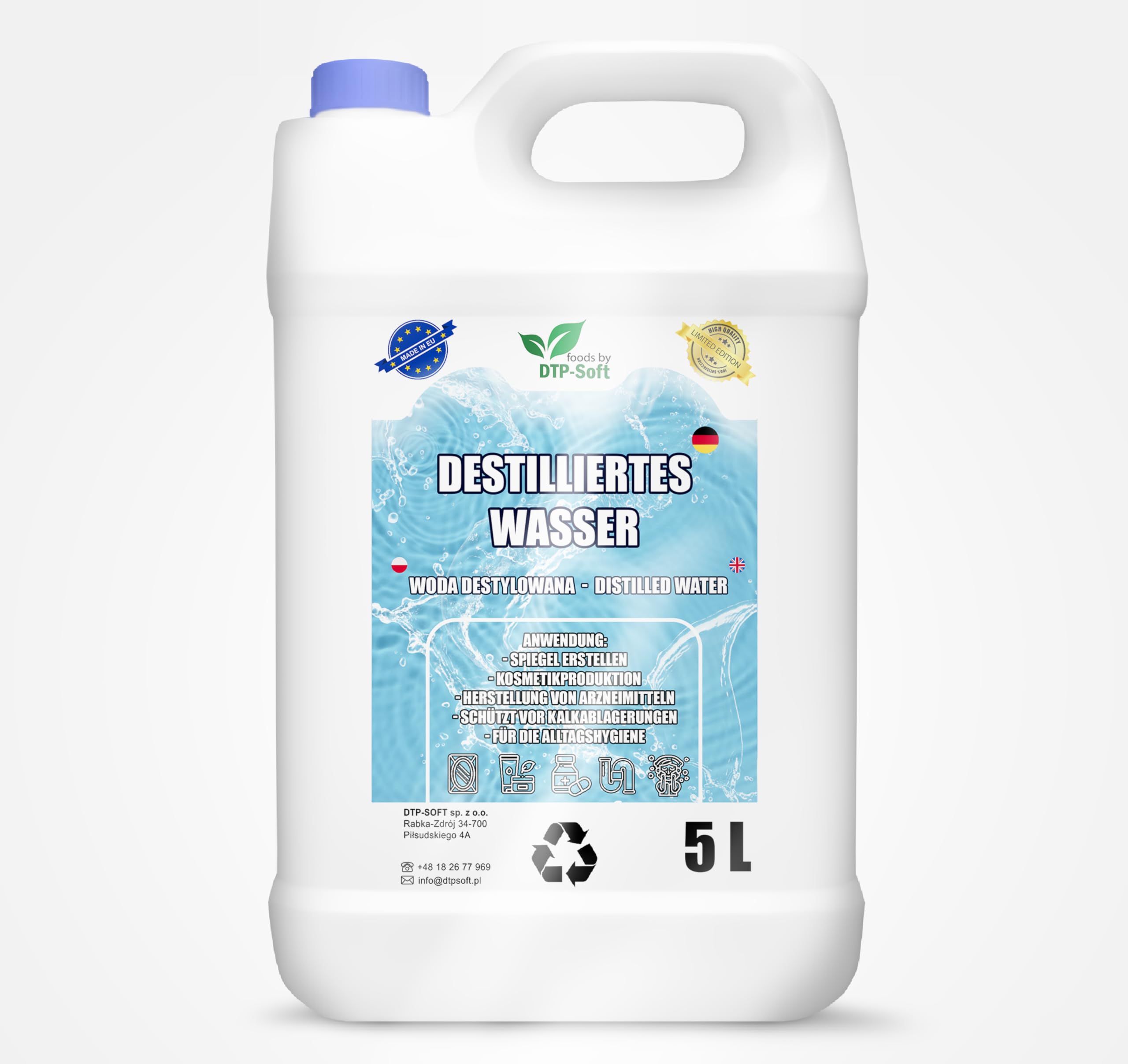 Eau distillée 100% pure 25L | Eau déminéralisée 5x5L - eau distillée adaptée pour fer à repasser, humidificateur, batteries et bien plus encore