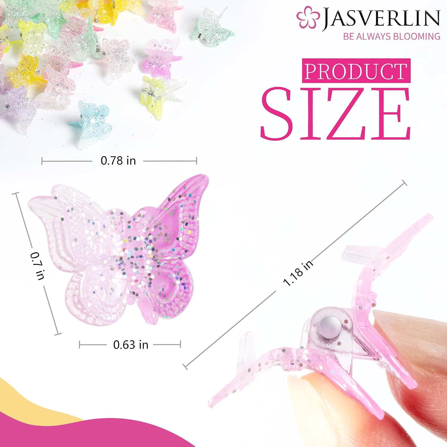 JASVERLIN Butterfly Clips for Hair Glitter, Y2K Mini Cute Claws Clip 50 Pcs | 10 Assorted Rainbow Colors, 90s Girls Hair Accessories, Cute Non-slip Design, Ideal for Daily & Party Braids, Bun Styling