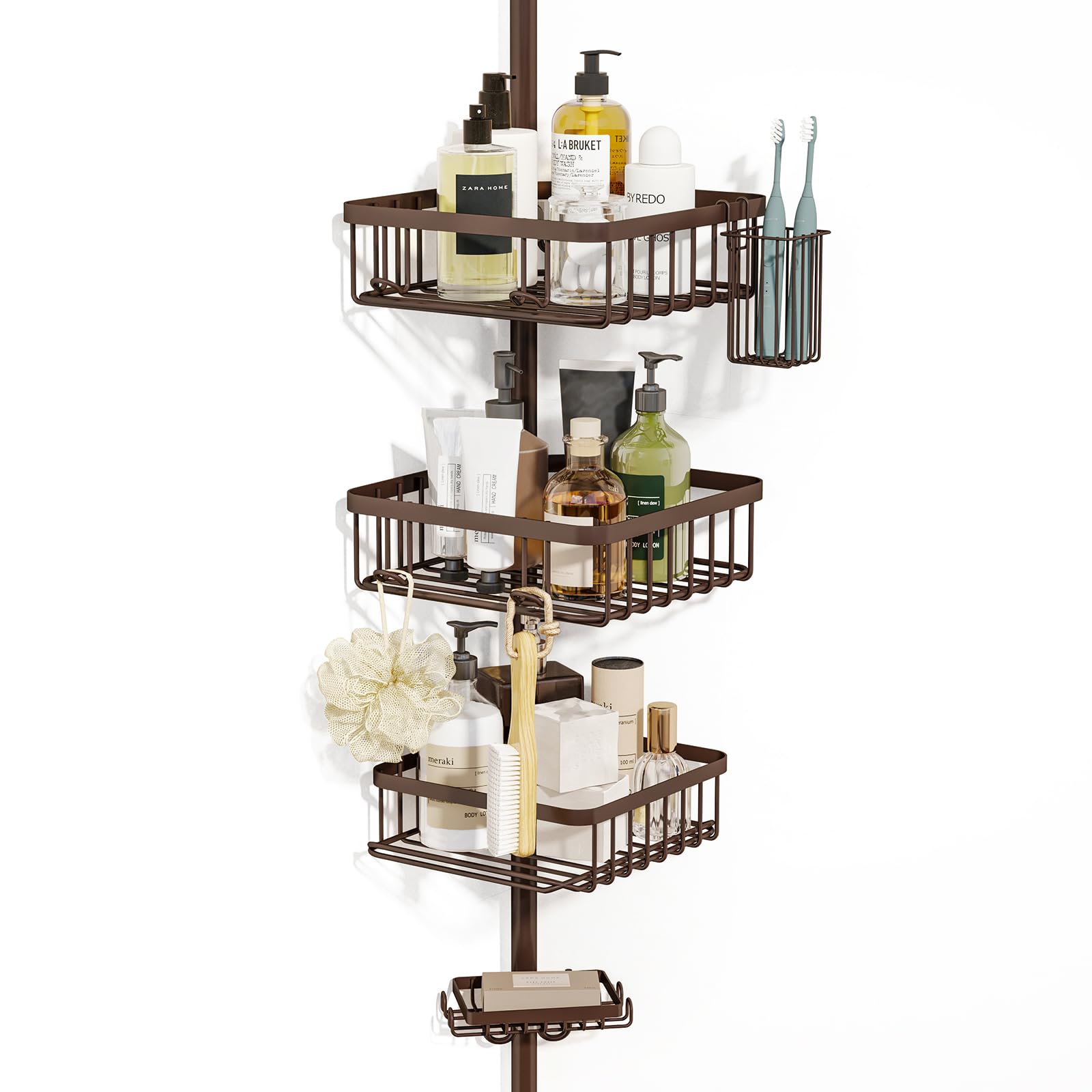 Photo 1 of Fixwal Rustproof Shower Corner Caddy Organizer for Bathroom, 3 Large Baskets with Soap Caddy & Toothbrush Holder, Tension Pole Extend from 56 to 117 Inch?Bronze