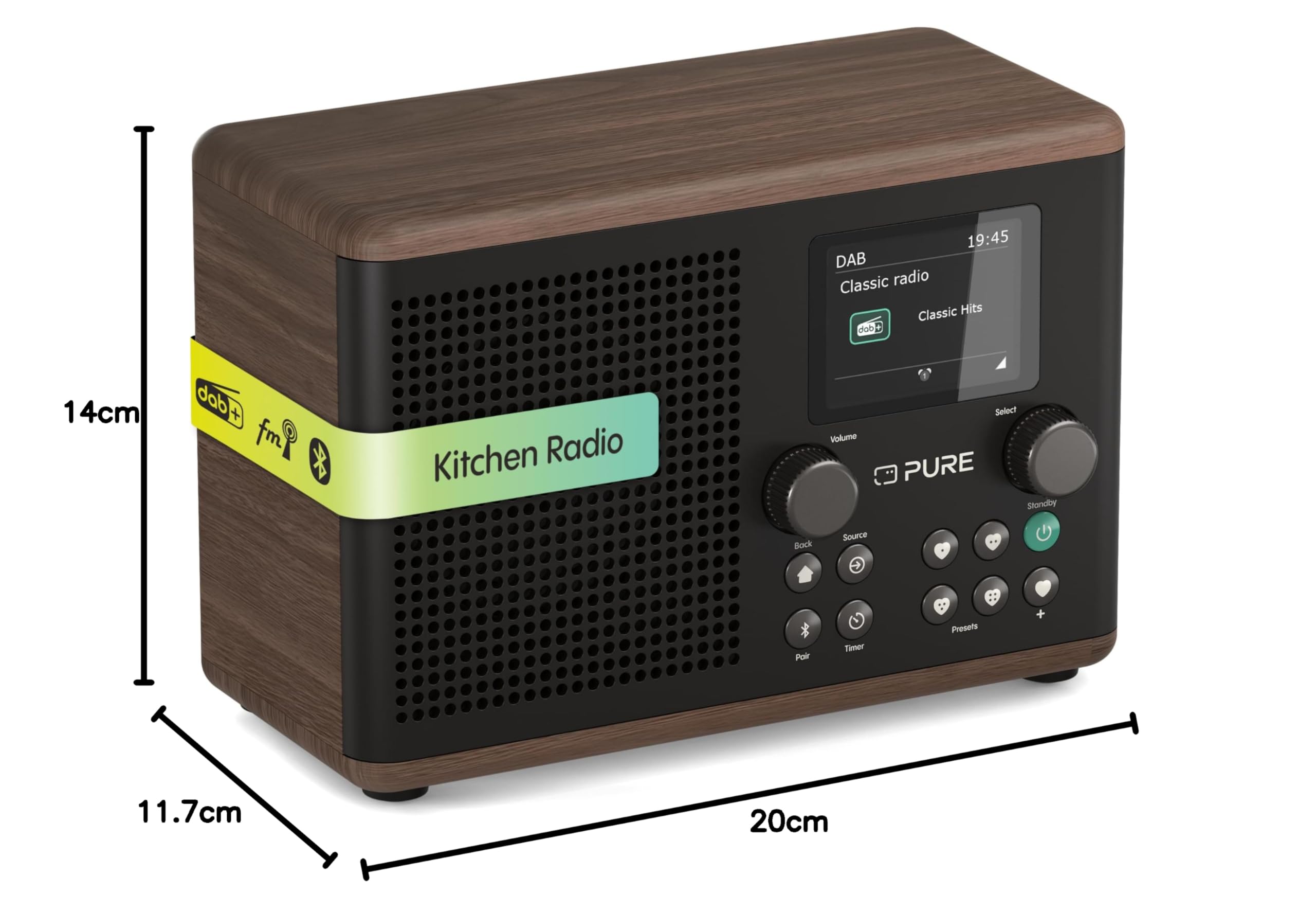 Pure Classic H4 Radio Digital de Cocina (Dab+/FM, Bluetooth, USB, AUX, Temporizador de Cocina, Alarma), Café Negro/Nogal