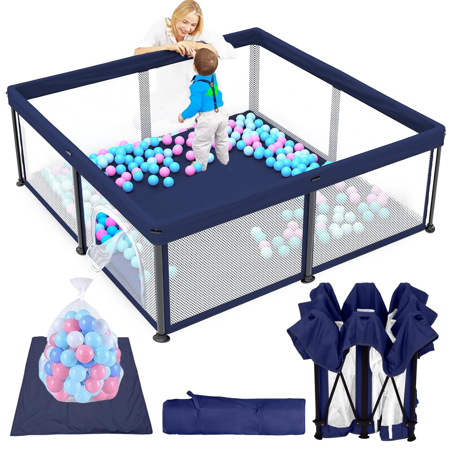 MONSTECH Large Baby Playpen 150x180cm Pit Balls Playpen for Baby up to 5 Years with Anti-Fall Rings, Safety Lock, Breathable Mesh, Kids Activity Center Play Pen (120 * 120-BLUE-F)