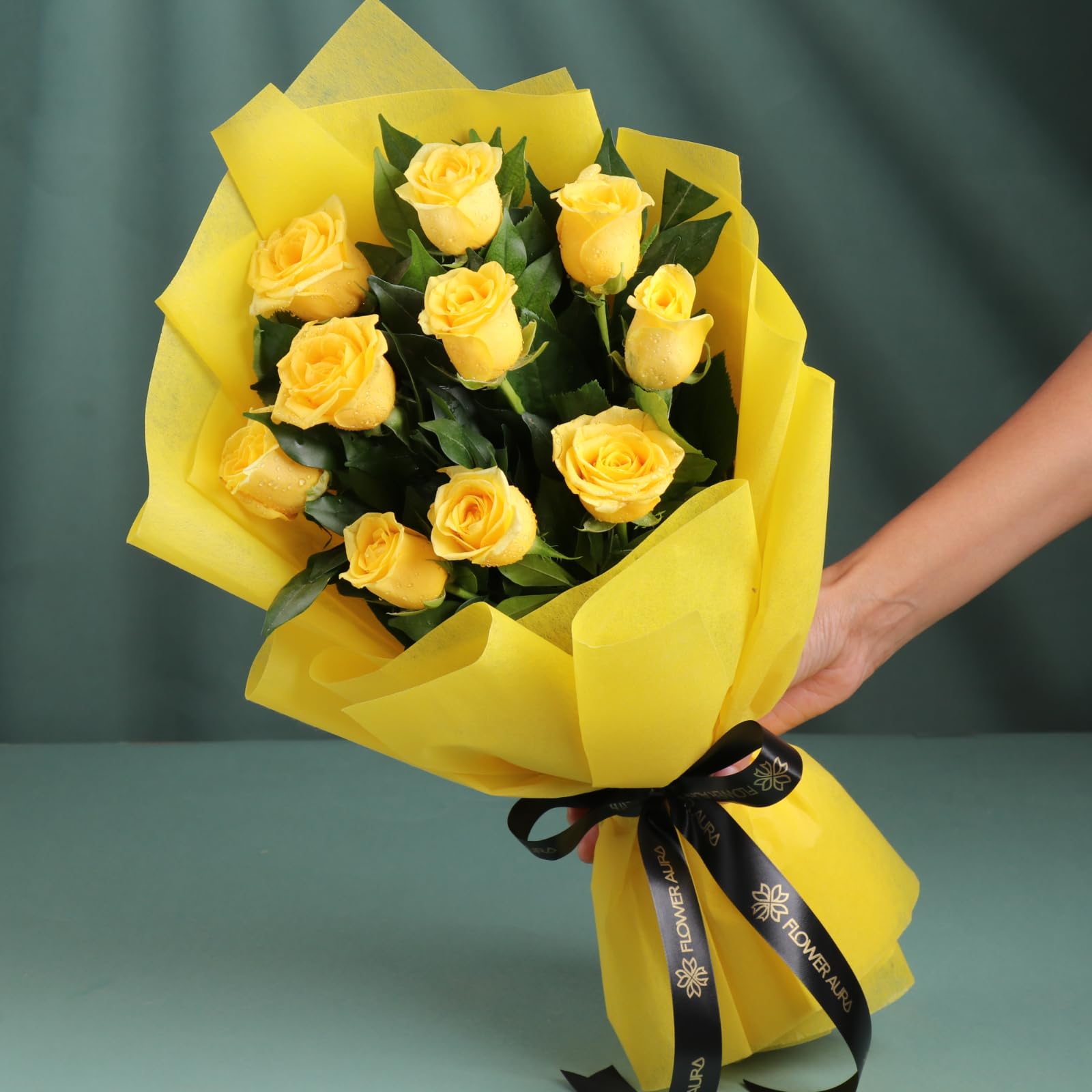 FlowerAura Fresh Live Flower Bouquet of 10 Yellow Roses In Non Wooven Paper For Birthday Gift, Anniversary Gift, Wedding Gift, Rose Day Gift, Valentine's Day Gift, New Year Gift (Same Day Delivery)-picture-19