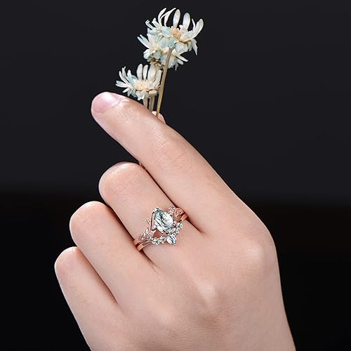 Miniatura 4 de Teardrop Natural Moss Agate Engagement Ring 1.25ct Pear Nature Inspired Wedding Ring Green Aquatic Agate Bridal Set Leaf Vine Branch Alexandrite