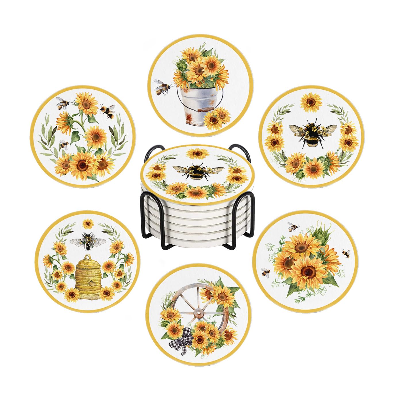 Ansouyi Watercolor Sunflowers Drink Coasters For Drinks Set Of 6, Watercolor Sunflower Cute Bee Absorbent Round Ceramic Stone Mat, With Cork Base And Metal Holder, Home Bar Decor House Warming Gift