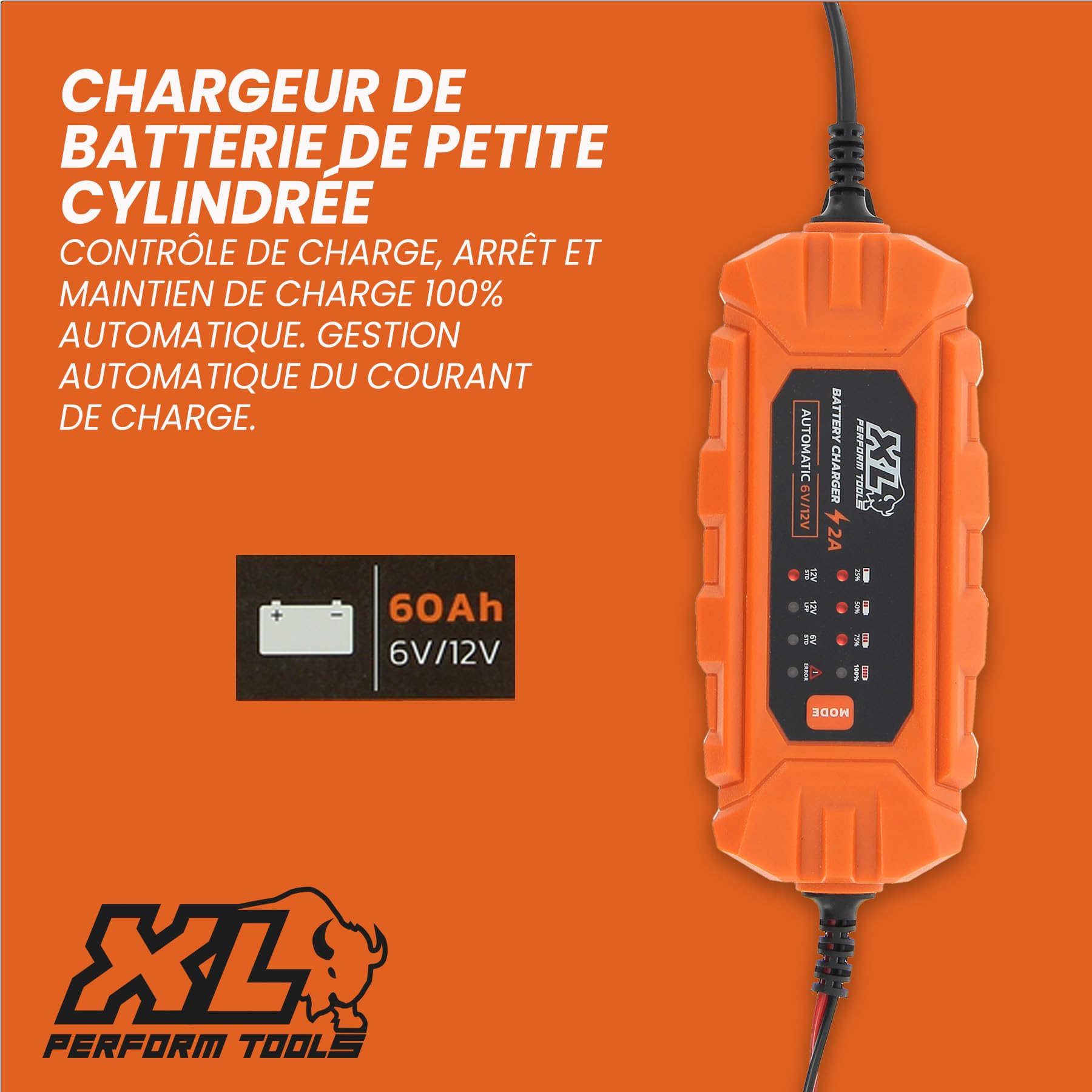 XL Perform Tools 553995 Chargeur de Batterie de Petite Cylindrée 6V/12V 2A, Chargeur de Batterie Intelligent Compact, Maintien de Charge