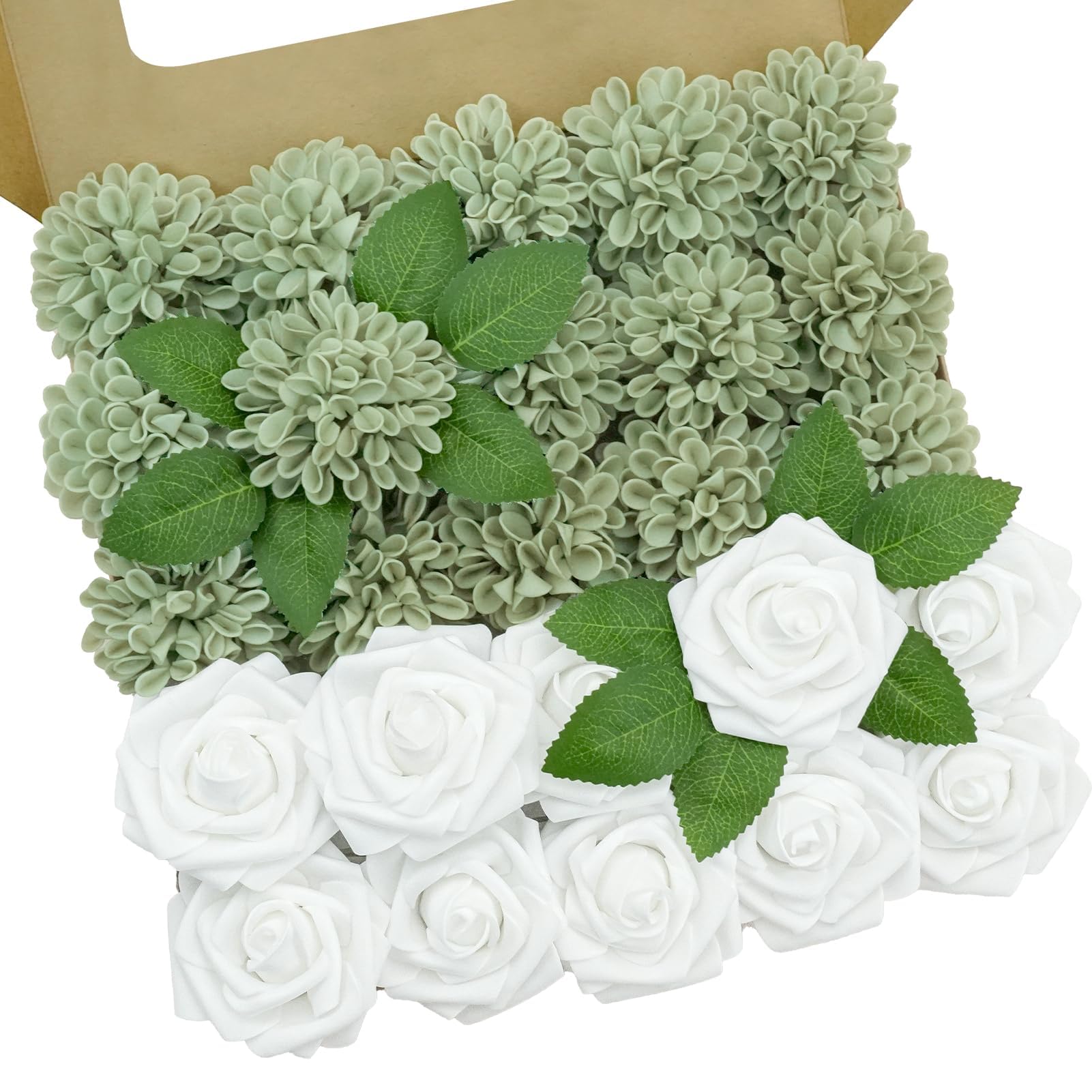 Artificial Flowers, 25pcs Sage Green Artificial Rose for DIY Wedding Bouquets Centerpieces Arrangements, Sage Green and White Dahlia Flowers with Stem for Bridal Shower Party Home Decorations