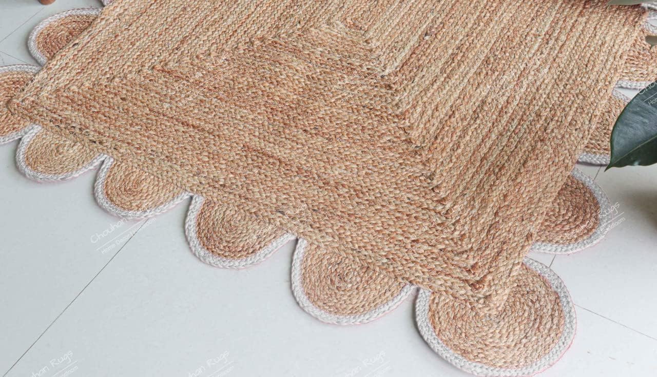 Chouhan Rugs Natural Jute Scalloped Area Rugs Handwoven Boho Indoor Farmhouse Braided Rug for Livingroom, Bedroom, Kitchen (White-N5, 2x3)