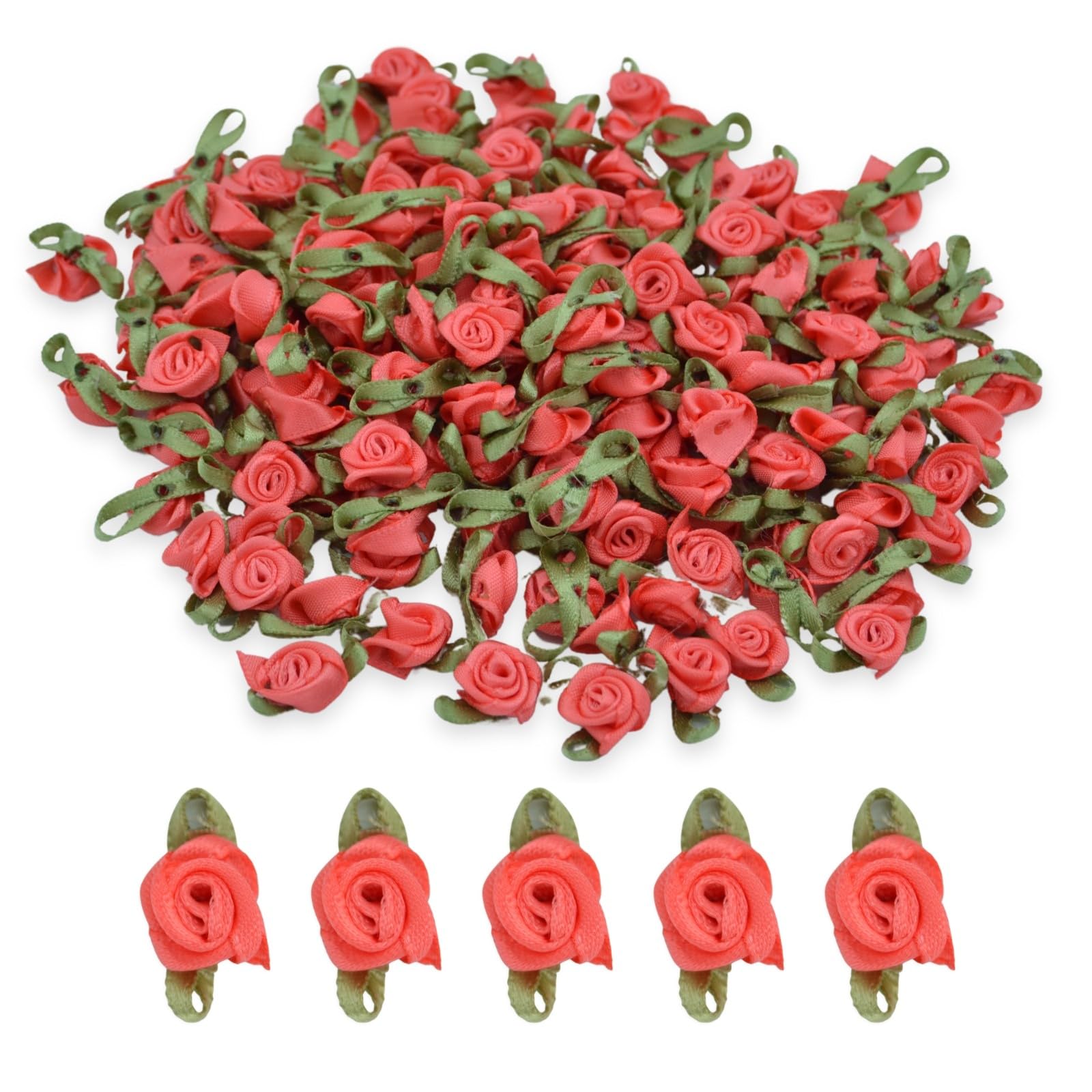 celloexpress 15mm Coral #19 Satin Ribbon Roses with Green Leaves - Small Flower Buds - Crafts, Embellishments (Pack of 50)