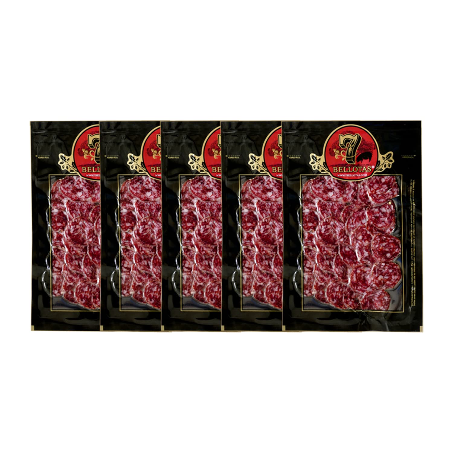 7 BELLOTAS Salami de Porc 100% Ibérique | Saucissons de Race Ibérique Naturellement Séchés Fabriqués à partir de Porcs Ibériques | Salchichon Iberico de Bellota | En tranches 5 X 100 gr.