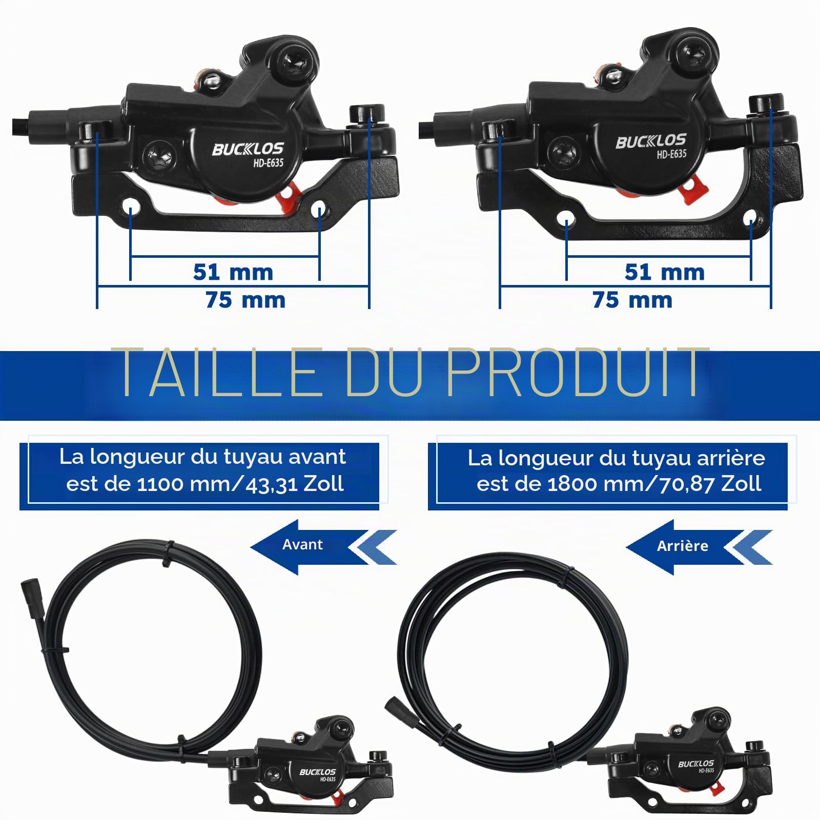 Kit de freins à disque hydrauliques pour vélo électrique - 2 pistons d'arrêt électrique avant gauche avant 1100 mm - Arrière droit 1800 mm - Levier en alliage d'aluminium pour scooter/VTT