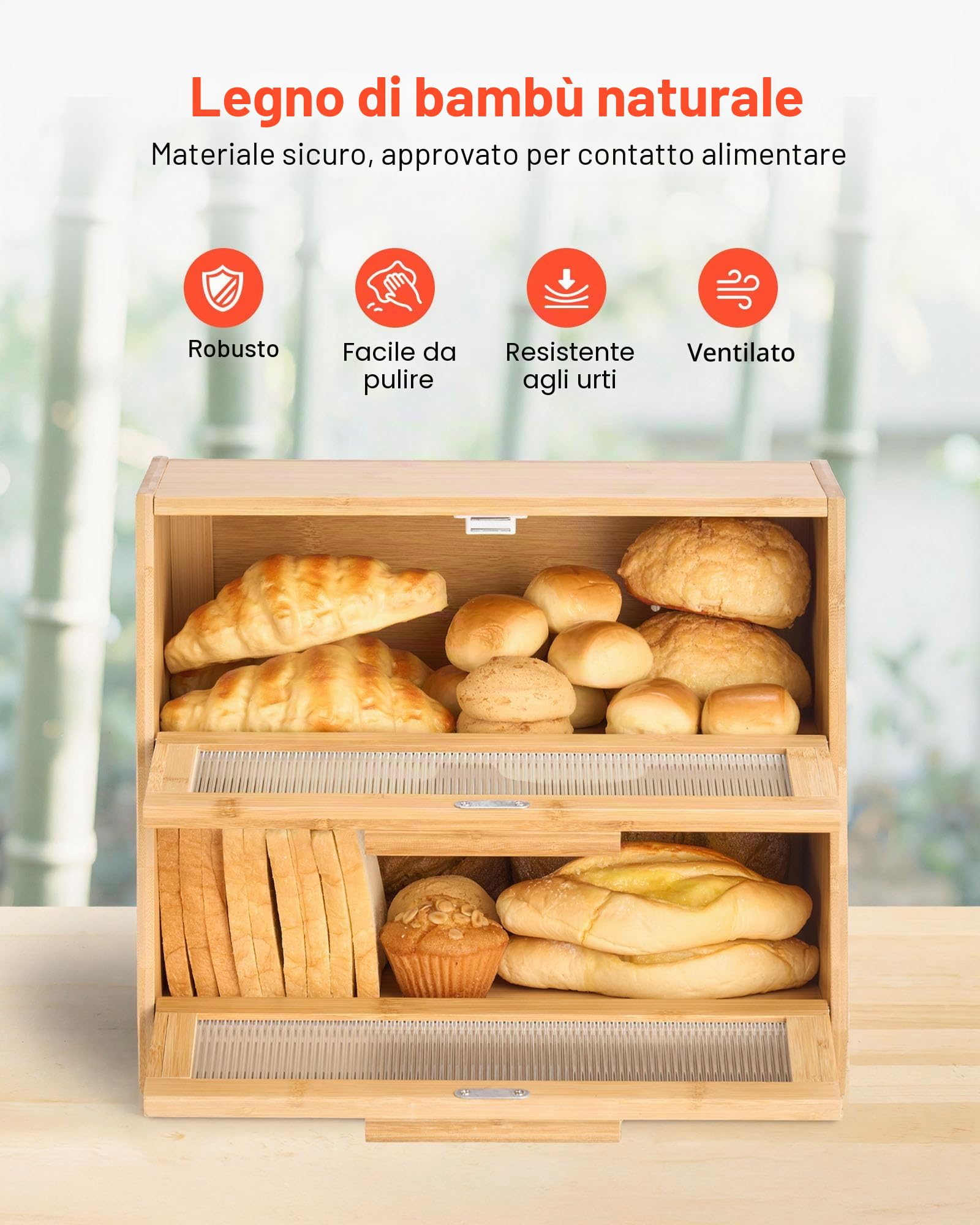 VEVOR Contenitore per Pane a Doppio Strato per Bancone della Cucina 390 x 260 x 320 mm Contenitore per Pagnotta in Legno di Bambù per Pane Fatto in Casa, con Pannello Porta in Acrilico Ondulato