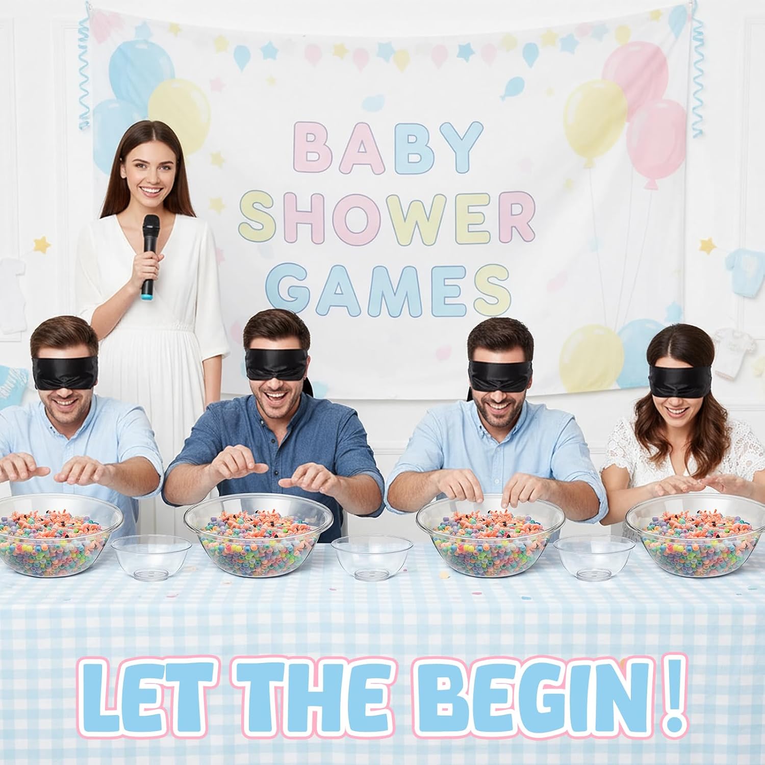 4 Sets 75 Pcs Baby Shower Games Funny Activities Include 8 Clear Basins Bowls 4 Blindfolds 60 Mini Babies 2 Color Mixed Beads and Card, Funniest Bridal Shower Game, Grab Baby Madness