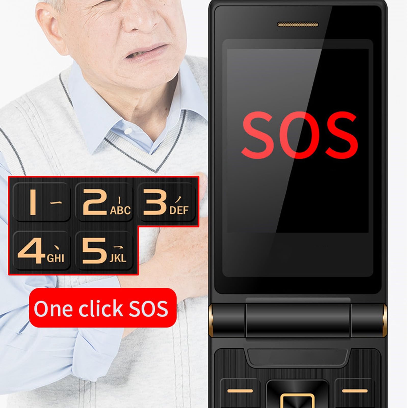 Odblokowany Telefon Komórkowy 2G z Klapką dla Osób Starszych, Duży Przycisk SOS Łatwy w Użyciu Telefon Komórkowy z Klapką, Duży Ekran o Przekątnej 2,8 Cala i Dużej Głośności Dual SIM Senior Basic Phon
