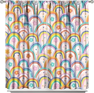 Abstract Rainbow Girls Blackout Curtains,Modern Hippie Style Boho Arch Floral Confetti Print,Childish Colorful Summer Pink Yellow Pattern Window Drapes for Baby Kids Bedroom Living Room 42x63in