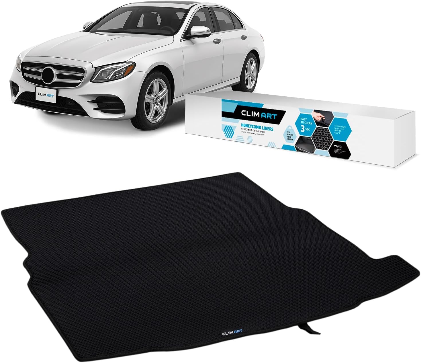CLIM ART Cargo Liner for Mercedes E-Class 2017-2023 Sedan Custom Fit Trunk Mat, with Honeycomb Dirtproof & Waterproof Technology - All-Climate, Heavy Duty, Anti-Slip Cargo Liner, Luggage - FL01117089