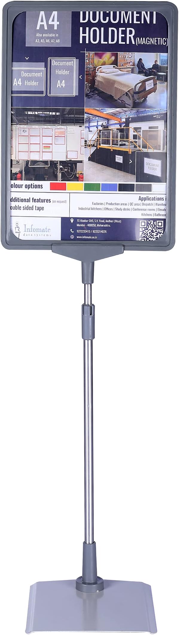 Infomate FRA Frame Pocket A4 Paper Display with Floor Stand - Grey, 60 cm x 21 cm x 15 cm