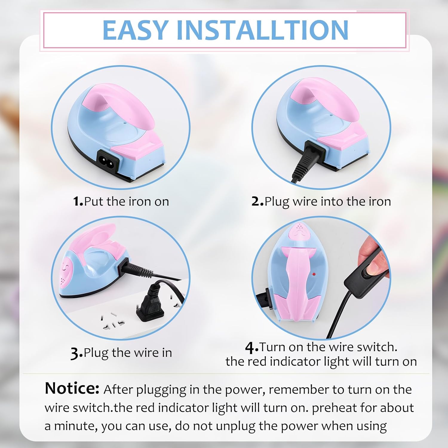 Honoson Mini Craft Iron Mini Heat Press Small Iron 3.93 x 2.36 x 2.76 in Portable Handy Tiny Flatiron with Charging Base Accessory for Fuse Bead Patch DIY Heat Transfer Vinyl(Light Pink, Light Blue)