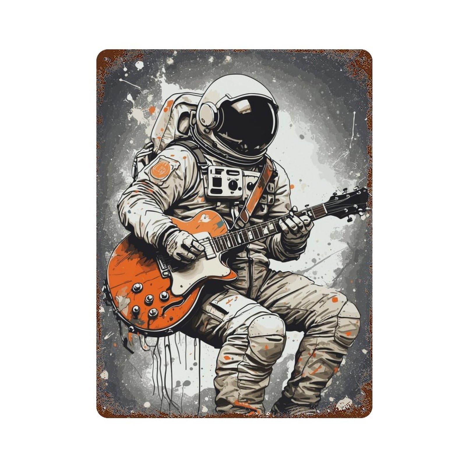 Astronaut Guitar Music Rusty Metal Tin Sign 15.7"x11.8", Ideal for Farmhouse, Kitchen And Entryway Decor