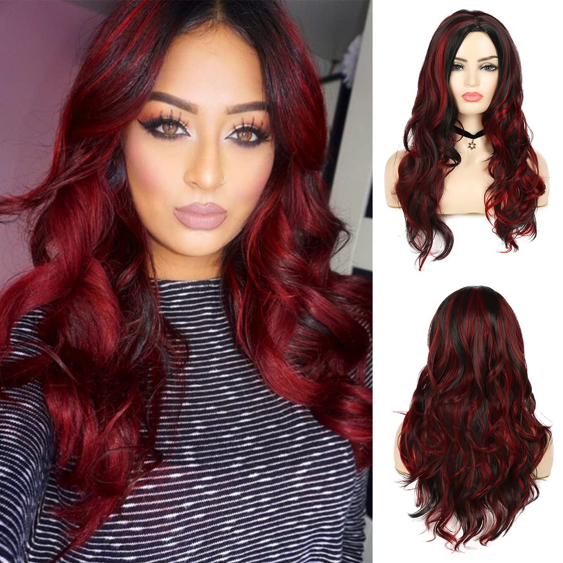 RicHyun Black Red Wig Long Curly Wavy Middle Part Wig Synthetic Cosplay Costume Halloween Wig for Women Girls