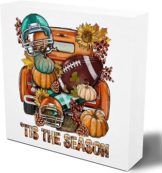 Cute Fall Decor Decoration for Home, Tis The Season Sign Pumpkin Decoration Football Decorations Signs, Fall Car Sign Autumn Home Office Desk Table Cubicle Shelf Decor 5 X 5 Inch