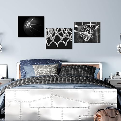 Miniatura 6 de OuElegent 3 paneles de lienzo de baloncesto en blanco y negro para pared, diseño de aro de baloncesto, redes de baloncesto, impresiones artísticas