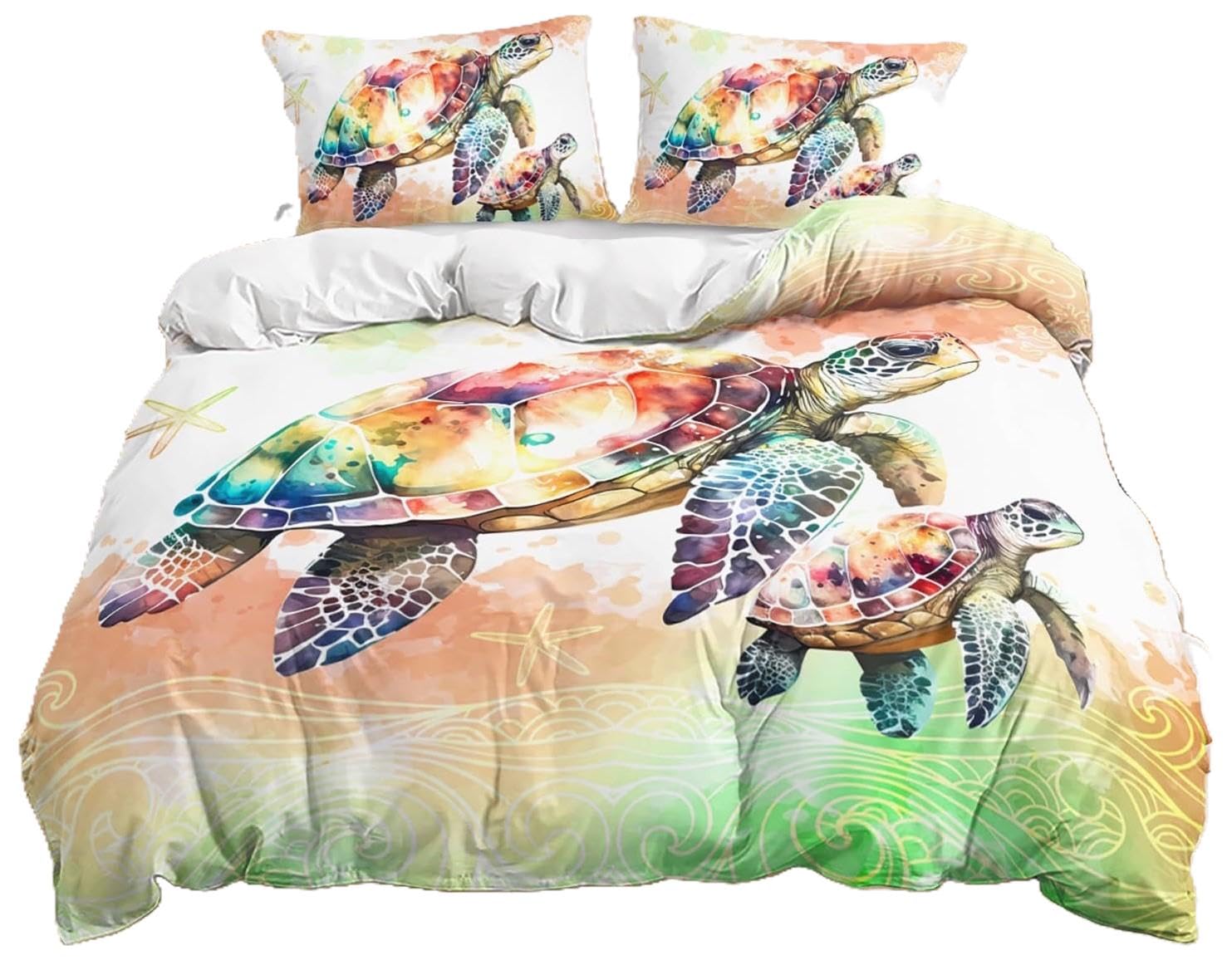 Housse de couette tortue grand lit double parure de lit multicolore avec taies d'oreiller BED0101