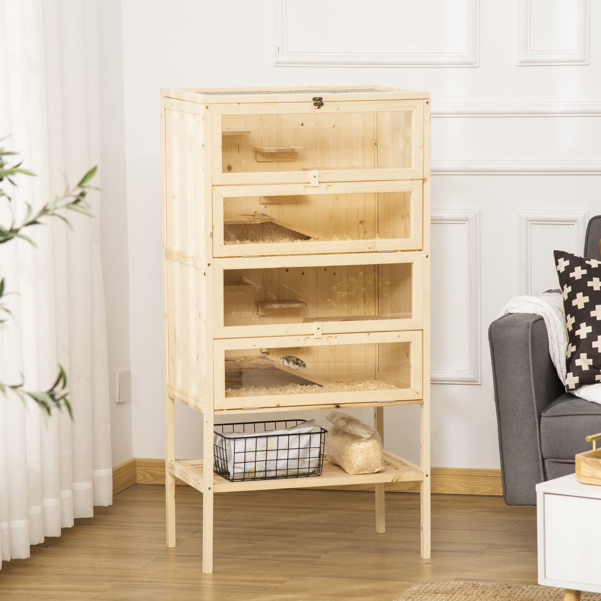 PawHut Klatka dla chomika z drewna duża 60 x 40 x 120 cm Naturalne drewno | Nagarium, klatka dla gryzoni, druciane wieko, rampy, drewniana, dla chomików karłowatych