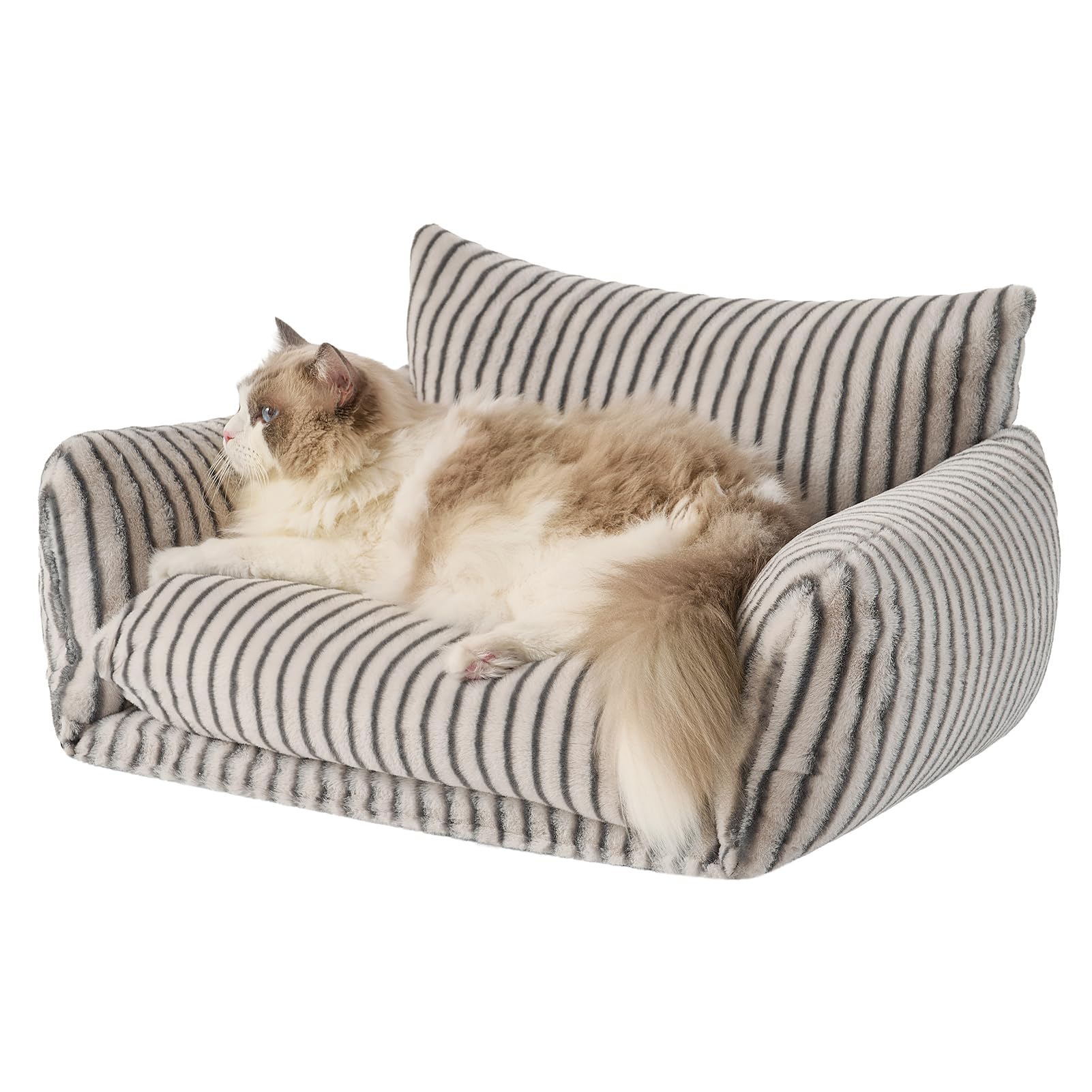 Hollypet Cat Bed Fluffy Plush Mutifuctional Double-Layer Soft Pet Couch Orthopedic Sofa Nest Beds for Small Cats and Dogs, Dark Gray Stripes (25x20x13 inch)
