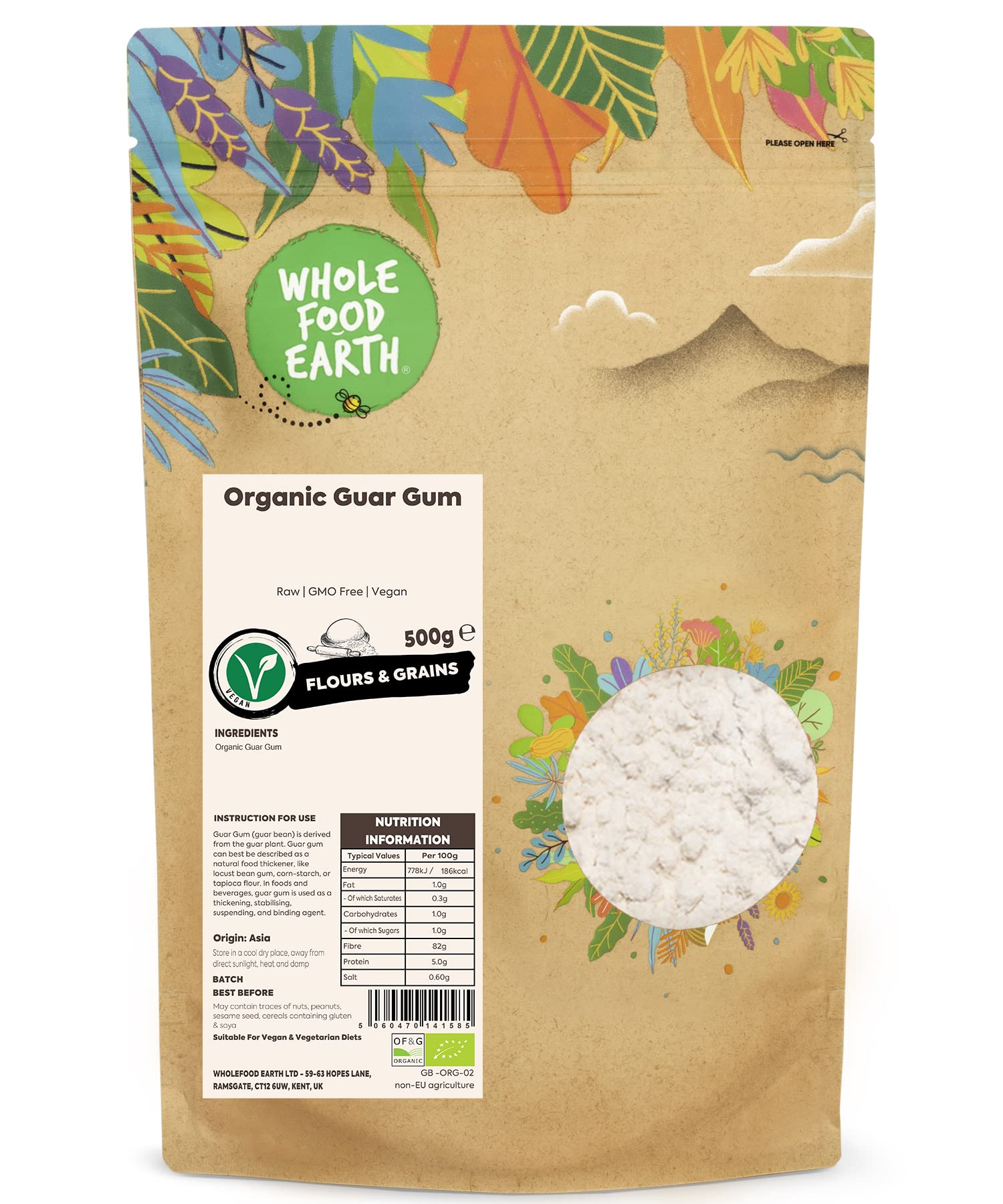 Wholefood Earth Organic Guar Gum 500g Raw | GMO Free | Vegan | Certified Organic