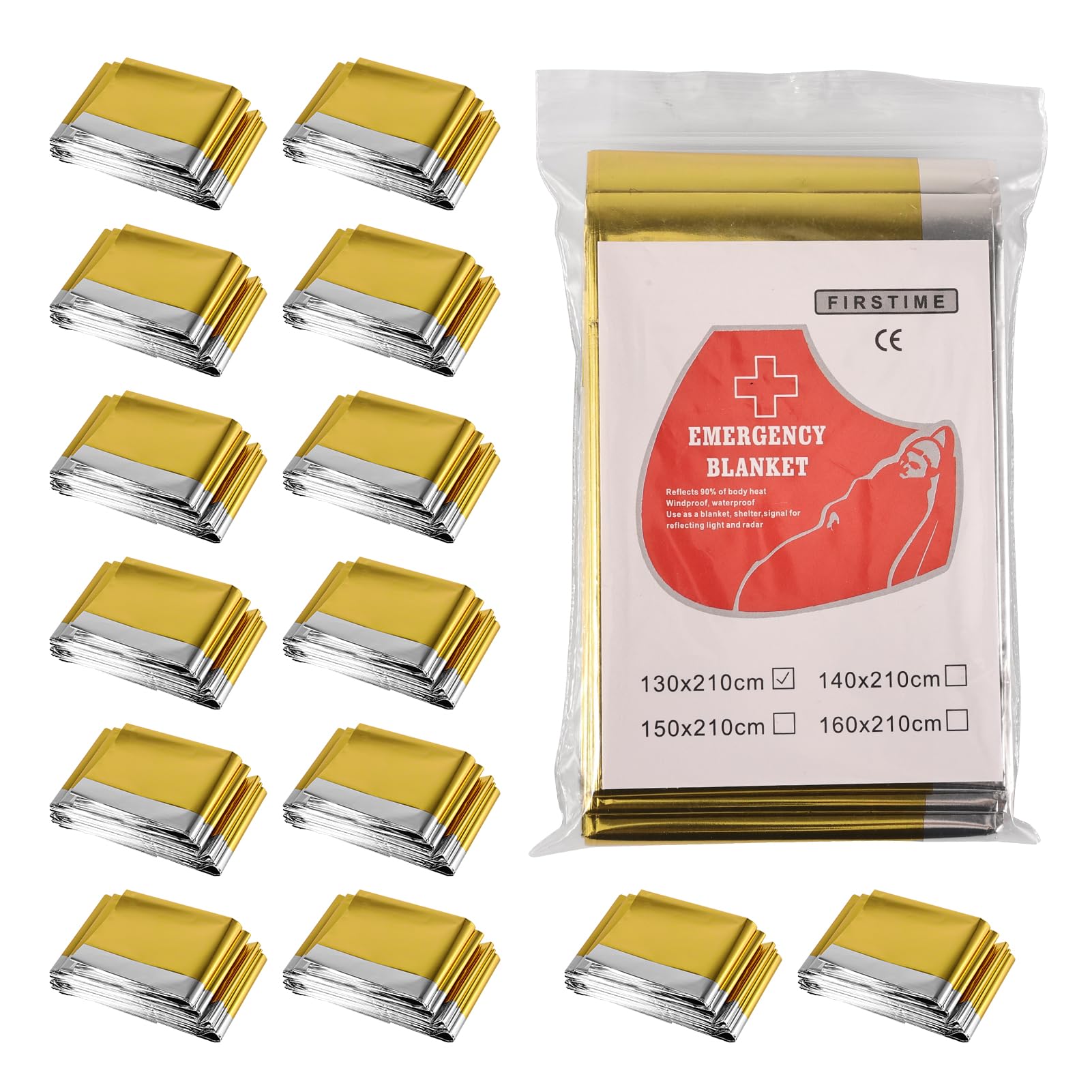 Lot de 15 couvertures de survie doré/argenté - 210 x 130 cm - Couverture de survie d'urgence - Couverture chauffante pour les situations d'urgence et les conditions météorologiques - 15 x