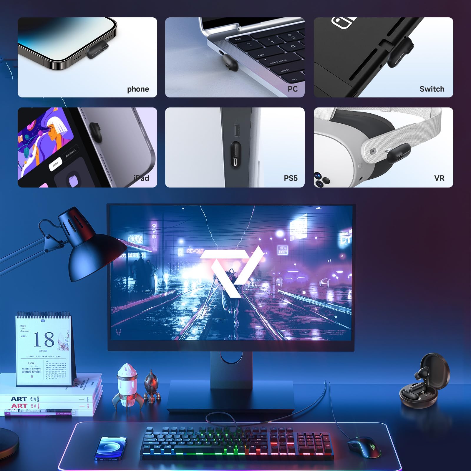 PRISMXR Écouteurs de Jeu sans Fil Compatible avec Meta Quest 3/3S/2, PS5/4, Switch 2017, Faible Latence de 25ms, Écouteurs Bluetooth 2,4GHz avec Dongle USB-C - Vega T1, Noir