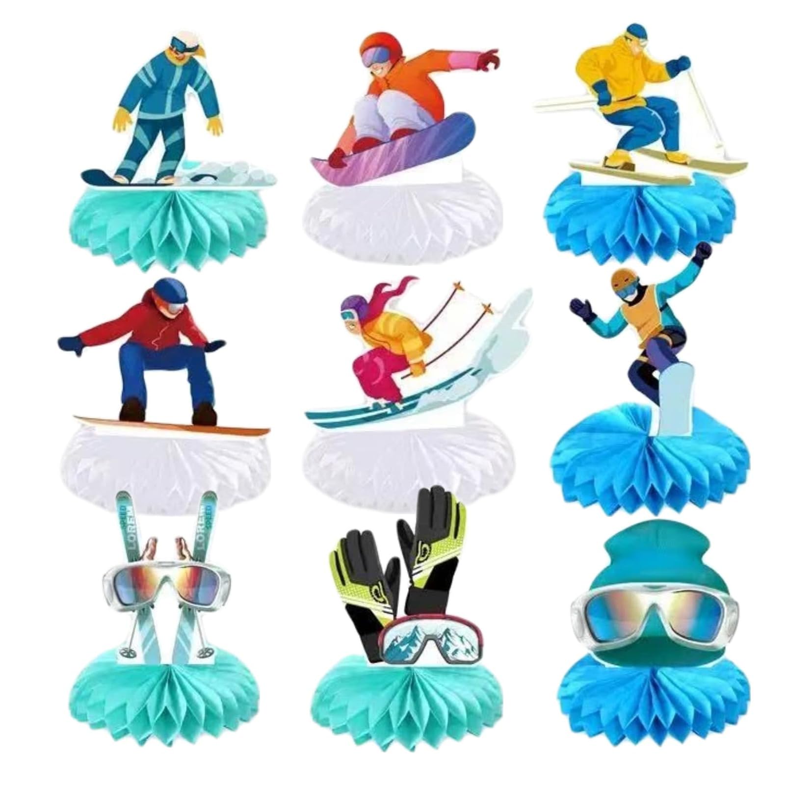 Nymora 9-Piece Honeycomb Ornament Set - Winter Ski Party Decorations for Table Centre Piece, Birthday, Hen Party & Winter Theme Decor