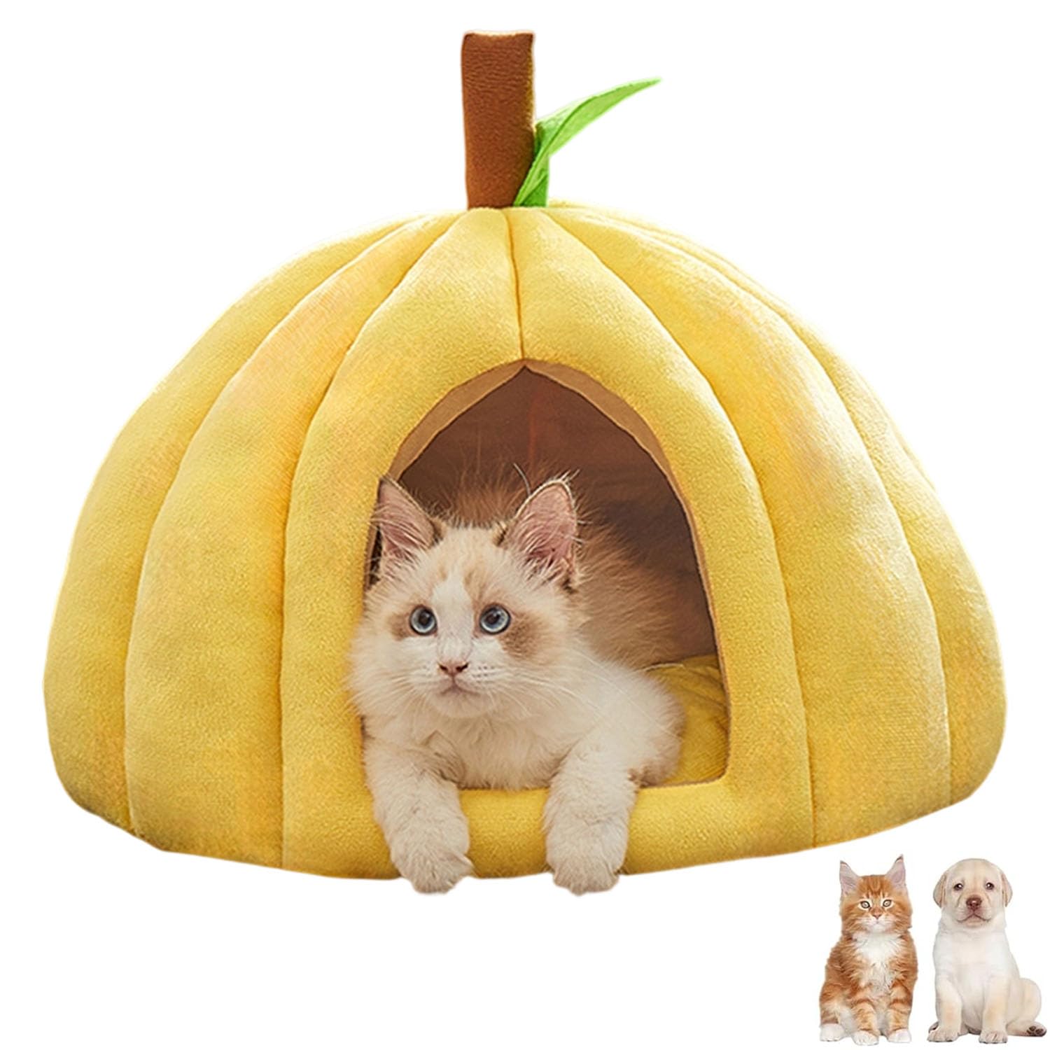 Pumpkin Cat Bed, Cute Pumpkin Shape Cat Cave, Halloween Cats Bed House with Removable Cushion, Soft Plush Pet Cave for Indoor,Kittens & Small Dogs (Yellow, M)