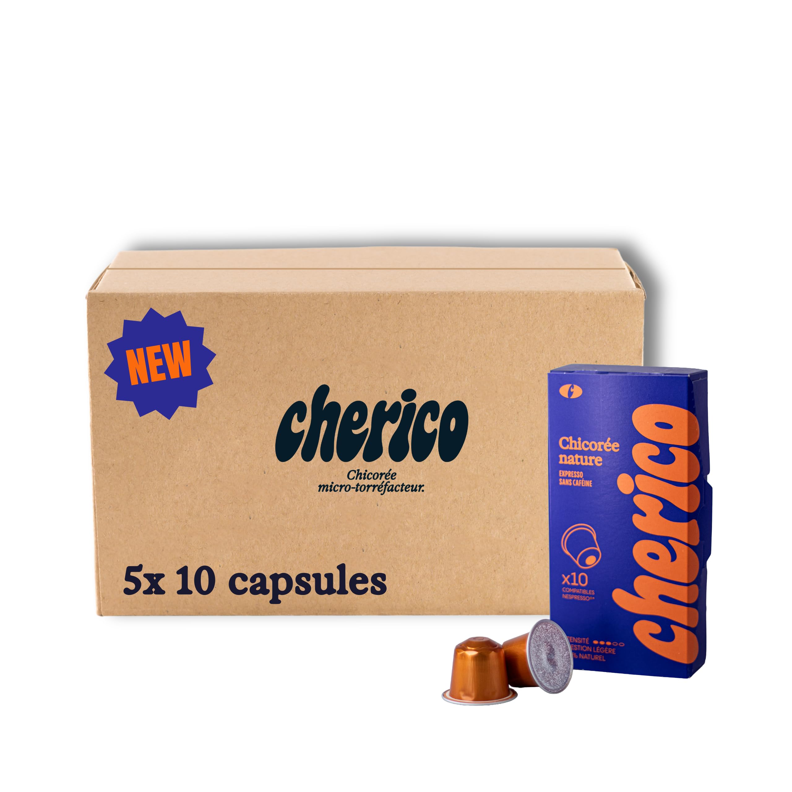 CHERICO 50 Capsules Chicorée Nature – Compatibles Nespr*sso | Alternative au Café Sans Caféine, Riche en fibres, Origine végétale, Notes toastées et noisette, Fabriqué en France