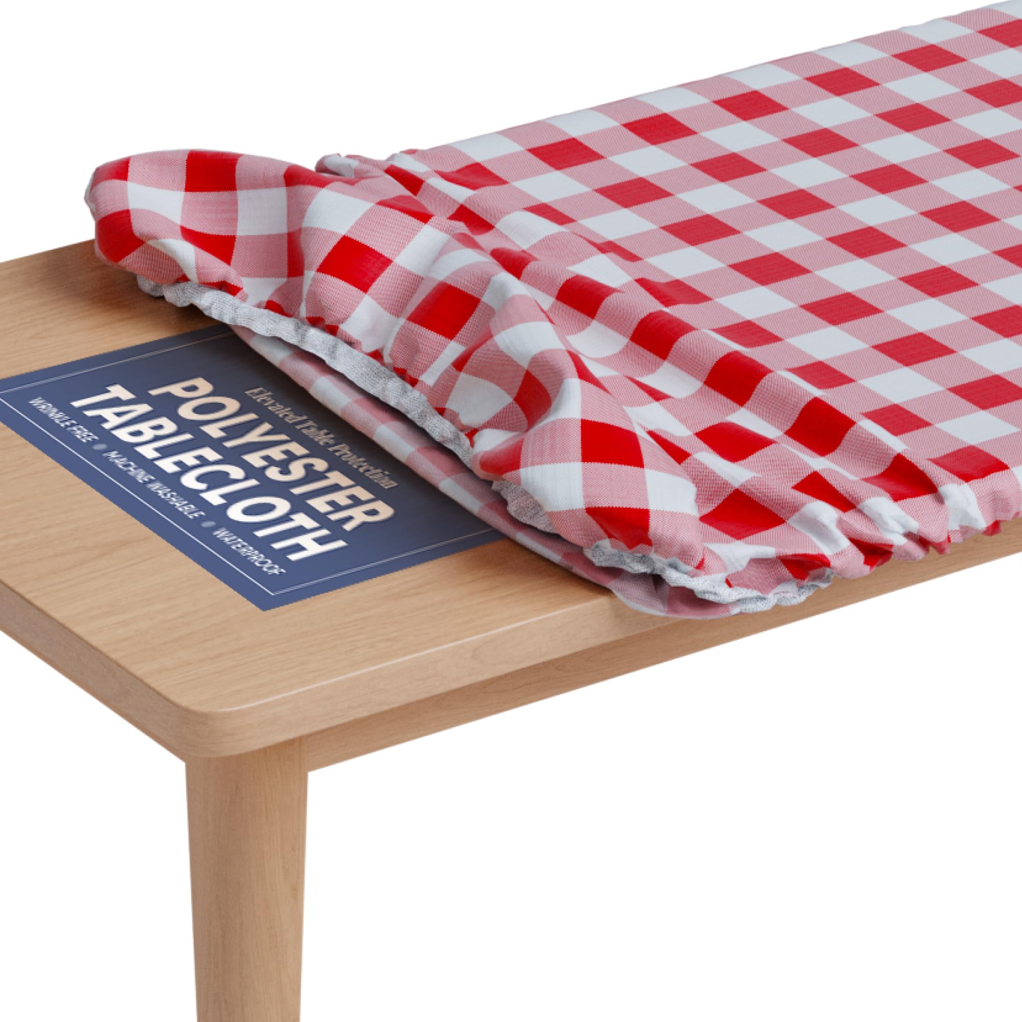 Tablecloth of Polyester -Fitted with Elastic, Water Proof, Washable, Fits for Table 36 x 72 Inch, Checked RED Design, for Indoor/Outdoor Kitchen and