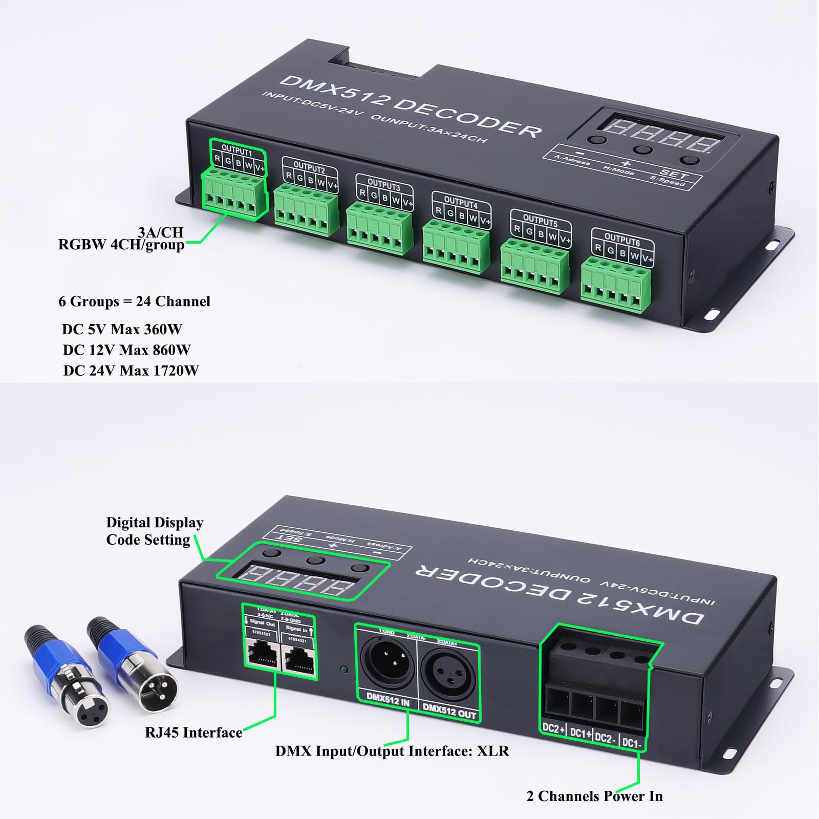 JOYLIT Display Digitale DMX LED Decoder Controller 24CH, DC 5-24V 3A/CH 4 Canali/Gruppo 6 Gruppi ad Alta Potenza DMX512 RGBW RGB Striscia Luminosa Decoder Dimmer Controller