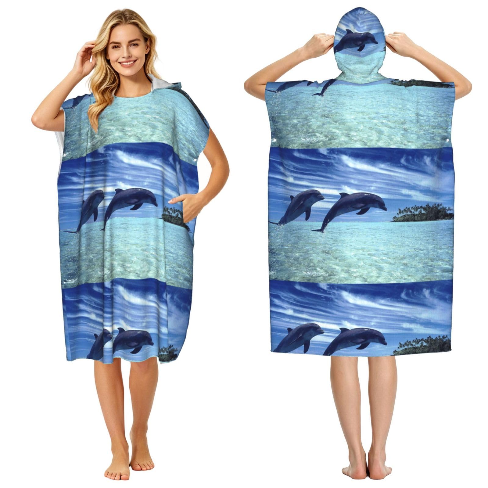 Poadnly Jumping Whales, Adult Hooded Beach Towel 90 x 110 cm,Changing Bath Robe, Surf Poncho Towel For Women Men