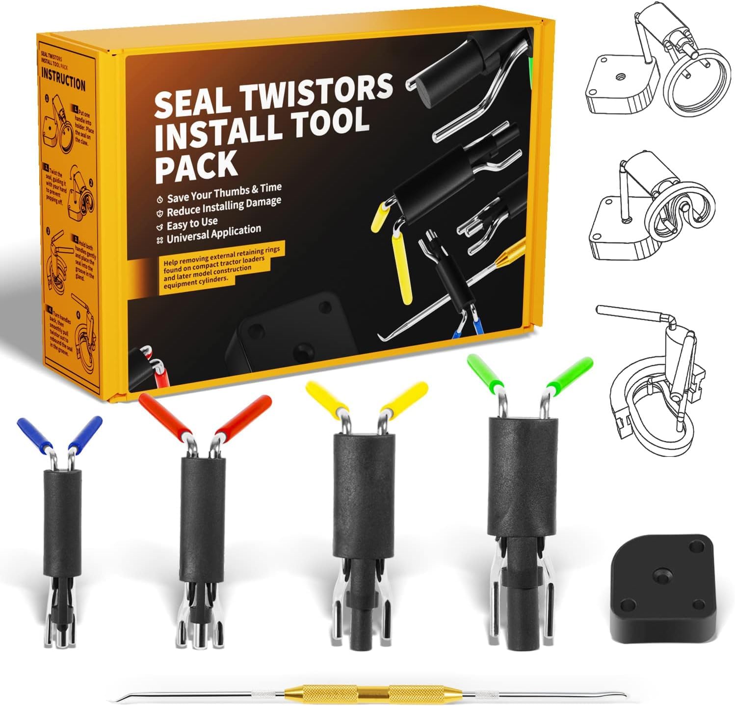 Kit d'outils de montage de joint hydraulique professionnel (6 pièces) pour coupe U et bagues de piston, compatible avec bloc de poignée et crochet multifonction 20-165 mm