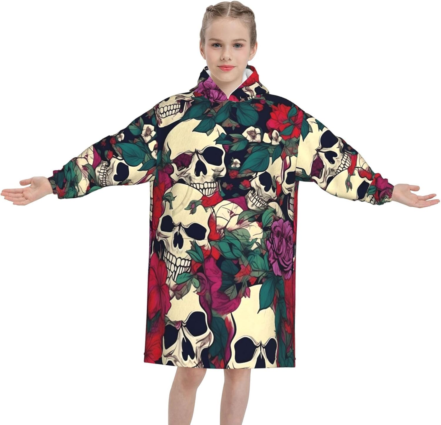 Floral Skulls Print Oversized Blanket Hoodie, Wearable Blanket Hooded,Hooded Pullover With Pocket