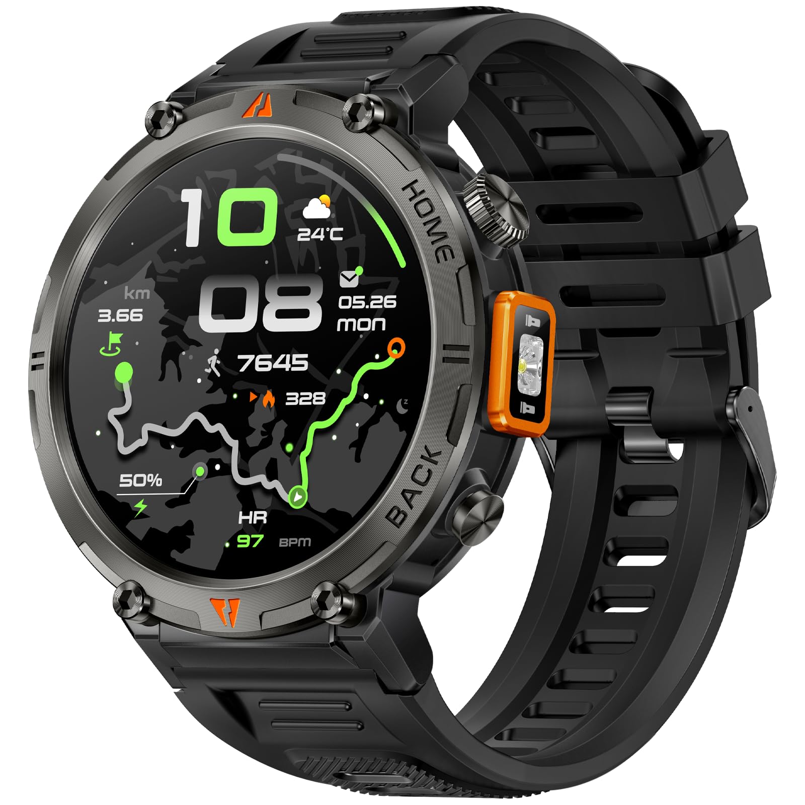 Foxhawk Smart Watch militare con localizzatore GPS, 1,44 pollici HD robusto Smart Watch con torcia a LED bussola, 3ATM impermeabile Smartwatch tattico per iOS Android, orologio fitness da uomo